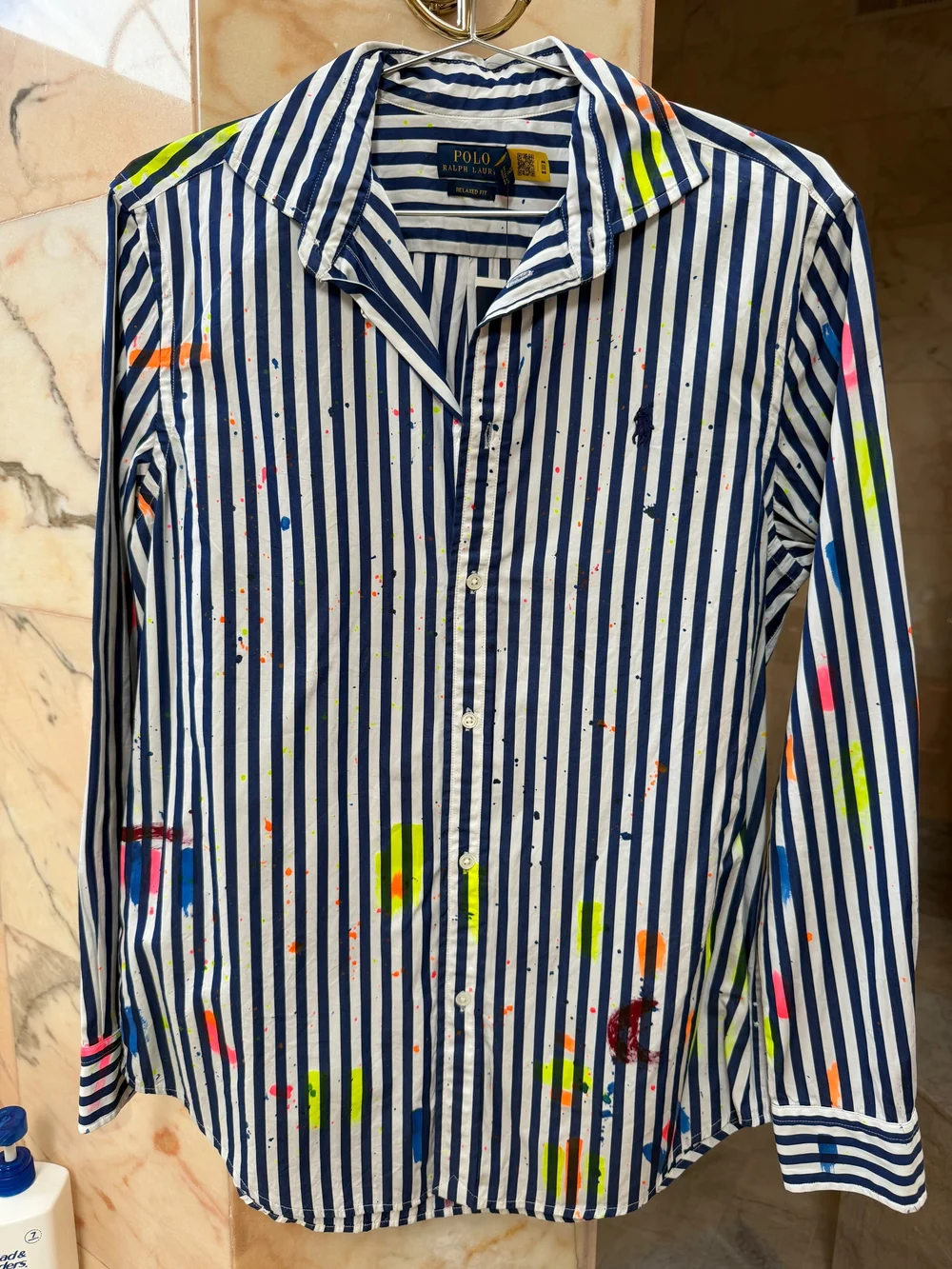 Ralph Lauren Blue and White Striped Long-Sleeve Shirt with Neon Accents - Picture 7 of 7